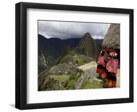 Traditionally Dressed Children Looking over the Ruins of Machu Picchu, UNESCO World Heritage Site, -Simon Montgomery-Framed Photographic Print