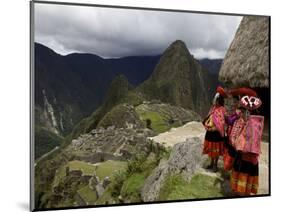 Traditionally Dressed Children Looking over the Ruins of Machu Picchu, UNESCO World Heritage Site, -Simon Montgomery-Mounted Photographic Print