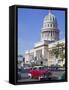 Traditonal Old American Cars Passing the Capitolio Building, Havana, Cuba, West Indies, Caribbean-Martin Child-Framed Stretched Canvas