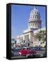Traditonal Old American Cars Passing the Capitolio Building, Havana, Cuba, West Indies, Caribbean-Martin Child-Framed Stretched Canvas