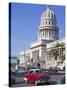 Traditonal Old American Cars Passing the Capitolio Building, Havana, Cuba, West Indies, Caribbean-Martin Child-Stretched Canvas