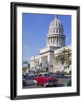 Traditonal Old American Cars Passing the Capitolio Building, Havana, Cuba, West Indies, Caribbean-Martin Child-Framed Photographic Print