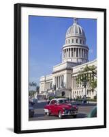 Traditonal Old American Cars Passing the Capitolio Building, Havana, Cuba, West Indies, Caribbean-Martin Child-Framed Photographic Print