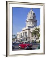 Traditonal Old American Cars Passing the Capitolio Building, Havana, Cuba, West Indies, Caribbean-Martin Child-Framed Photographic Print