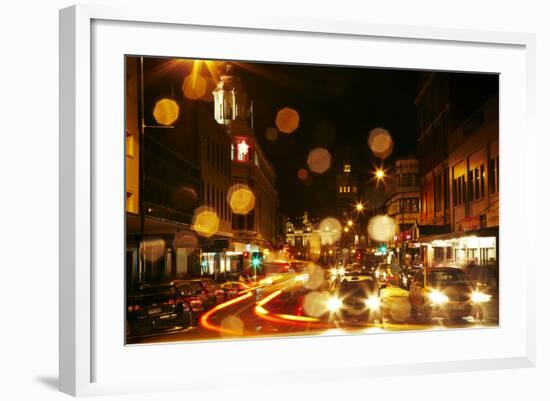 Traffic and rain at night, Lower Stuart St Dunedin, Otago, New Zealand-David Wall-Framed Photographic Print