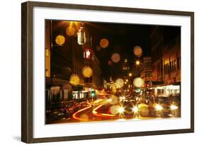 Traffic and rain at night, Lower Stuart St Dunedin, Otago, New Zealand-David Wall-Framed Photographic Print