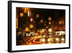 Traffic and rain at night, Lower Stuart St Dunedin, Otago, New Zealand-David Wall-Framed Photographic Print