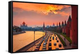 Traffic at Sunset near Kremlin Wall in Moscow, Russia.-logoboom-Framed Stretched Canvas