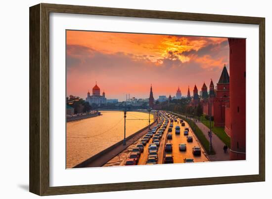 Traffic at Sunset near Kremlin Wall in Moscow, Russia.-logoboom-Framed Photographic Print