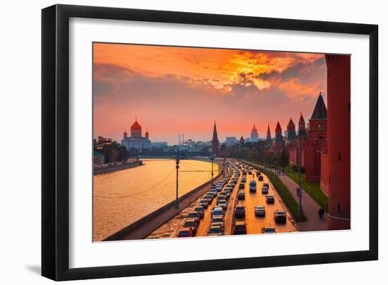 Traffic at Sunset near Kremlin Wall in Moscow, Russia.-logoboom-Framed Photographic Print