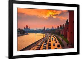 Traffic at Sunset near Kremlin Wall in Moscow, Russia.-logoboom-Framed Photographic Print