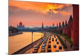 Traffic at Sunset near Kremlin Wall in Moscow, Russia.-logoboom-Mounted Photographic Print