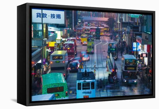 Traffic on a Street at Night, Des Voeux Road Central, Central District, Hong Kong Island, Hong Kong-null-Framed Stretched Canvas