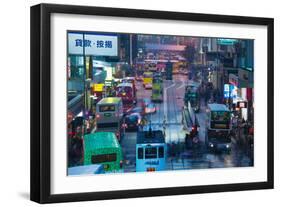 Traffic on a Street at Night, Des Voeux Road Central, Central District, Hong Kong Island, Hong Kong-null-Framed Premium Photographic Print