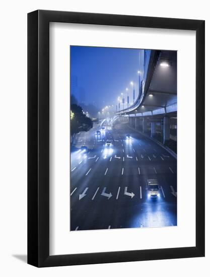 Traffic on Foggy Winter Night, Shanghai, China-Paul Souders-Framed Photographic Print