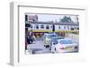 Traffic queue at level crossing in Brockenhurst, Hampshire-null-Framed Photographic Print