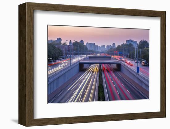 Traffic trail lights on major road near Beijing Zoo at dusk, Beijing-Frank Fell-Framed Photographic Print