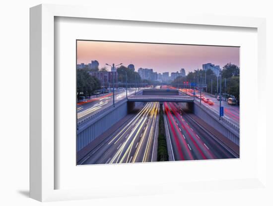 Traffic trail lights on major road near Beijing Zoo at dusk, Beijing-Frank Fell-Framed Photographic Print