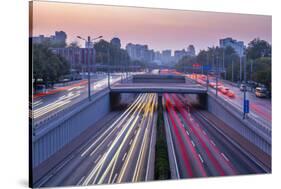 Traffic trail lights on major road near Beijing Zoo at dusk, Beijing-Frank Fell-Stretched Canvas