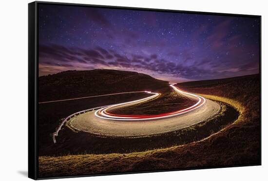 Traffic trails on a road next to the Irati forest, Navarre, Spain, Europe-David Rocaberti-Framed Stretched Canvas