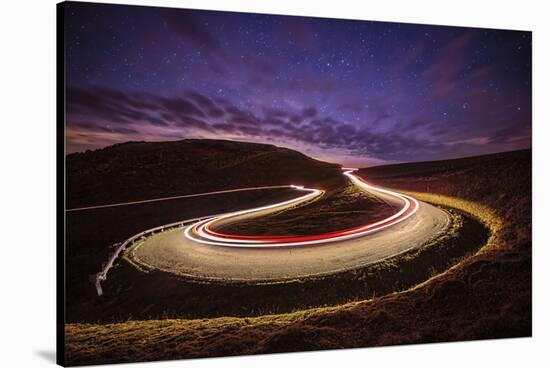 Traffic trails on a road next to the Irati forest, Navarre, Spain, Europe-David Rocaberti-Stretched Canvas