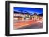 Trail lights and shops on Banff Avenue at dusk, Banff, Banff National Park, Alberta, Canada, North -Frank Fell-Framed Photographic Print