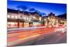 Trail lights and shops on Banff Avenue at dusk, Banff, Banff National Park, Alberta, Canada, North -Frank Fell-Mounted Photographic Print