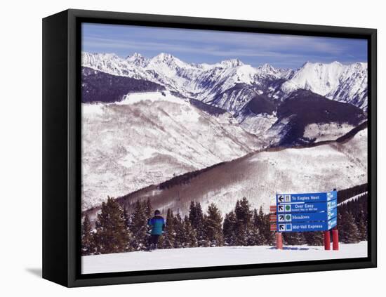 Trail Marker Below the Gore Mountains at Vail Ski Resort, Vail, Colorado, USA-Kober Christian-Framed Stretched Canvas