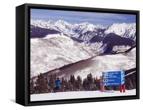 Trail Marker Below the Gore Mountains at Vail Ski Resort, Vail, Colorado, USA-Kober Christian-Framed Stretched Canvas