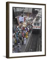 Train Ariving at Crowded Platform in New Delhi Train Station, Delhi, India-Eitan Simanor-Framed Photographic Print