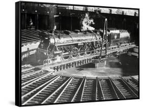 Train Arriving at Switching Station-null-Framed Stretched Canvas