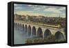Train- Crossing Stone Arch Bridge, Minneapolis, MN - Minneapolis, MN-Lantern Press-Framed Stretched Canvas