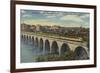Train- Crossing Stone Arch Bridge, Minneapolis, MN - Minneapolis, MN-Lantern Press-Framed Premium Giclee Print