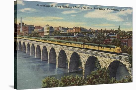 Train- Crossing Stone Arch Bridge, Minneapolis, MN - Minneapolis, MN-Lantern Press-Stretched Canvas