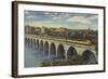 Train- Crossing Stone Arch Bridge, Minneapolis, MN - Minneapolis, MN-Lantern Press-Framed Art Print