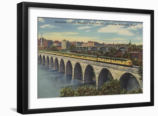 Train- Crossing Stone Arch Bridge, Minneapolis, MN - Minneapolis, MN-Lantern Press-Framed Art Print