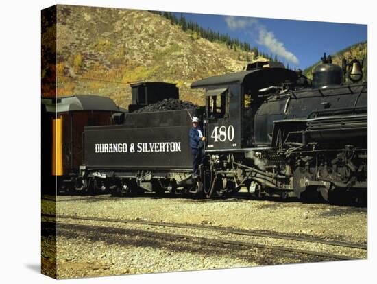 Train Driver and Engine of the Durango and Silverton Passenger Steam Train, Colorado, USA-Gavin Hellier-Stretched Canvas