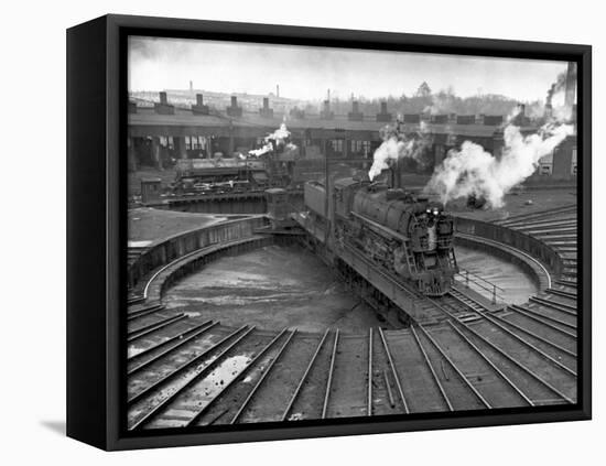 Train Engine on Turntable at Union Station roundhouse used to enable engines to enter-Alfred Eisenstaedt-Framed Stretched Canvas