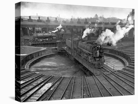 Train Engine on Turntable at Union Station roundhouse used to enable engines to enter-Alfred Eisenstaedt-Stretched Canvas