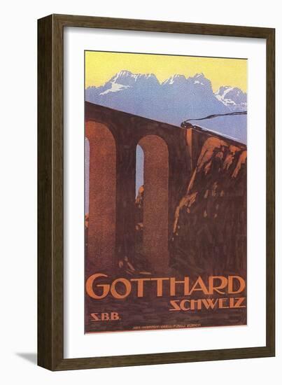Train Going over Bridge in Gotthard, Switzerland-null-Framed Art Print