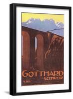 Train Going over Bridge in Gotthard, Switzerland-null-Framed Art Print