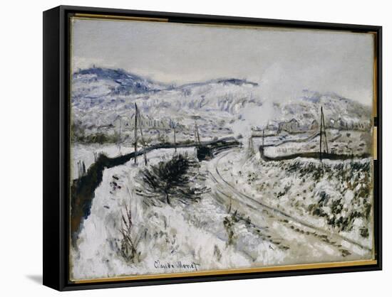 Train in the Snow at Argenteuil-Claude Monet-Framed Stretched Canvas