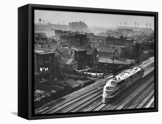 Train Moving Past Trackside Tenement Slums of Chicago-Gordon Coster-Framed Stretched Canvas