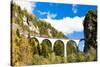 Train on Rhaetian Railway, Landwasserviadukt, Canton Graubunden, Switzerland-phbcz-Stretched Canvas