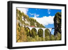 Train on Rhaetian Railway, Landwasserviadukt, Canton Graubunden, Switzerland-phbcz-Framed Photographic Print