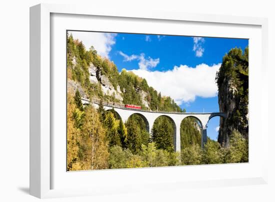 Train on Rhaetian Railway, Landwasserviadukt, Canton Graubunden, Switzerland-phbcz-Framed Photographic Print