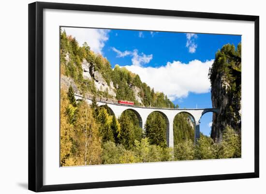 Train on Rhaetian Railway, Landwasserviadukt, Canton Graubunden, Switzerland-phbcz-Framed Photographic Print