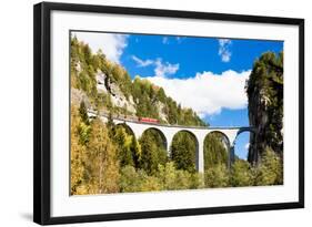 Train on Rhaetian Railway, Landwasserviadukt, Canton Graubunden, Switzerland-phbcz-Framed Photographic Print