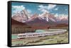 Train Passing through Rocky Mountains-null-Framed Stretched Canvas