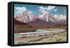 Train Passing through Rocky Mountains-null-Framed Stretched Canvas